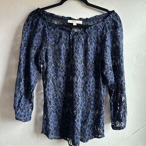 Loft Black and Blue Sheer Lace 3/4 Sleeve Top Whimsigoth‎ Goth Grunge Layering M
